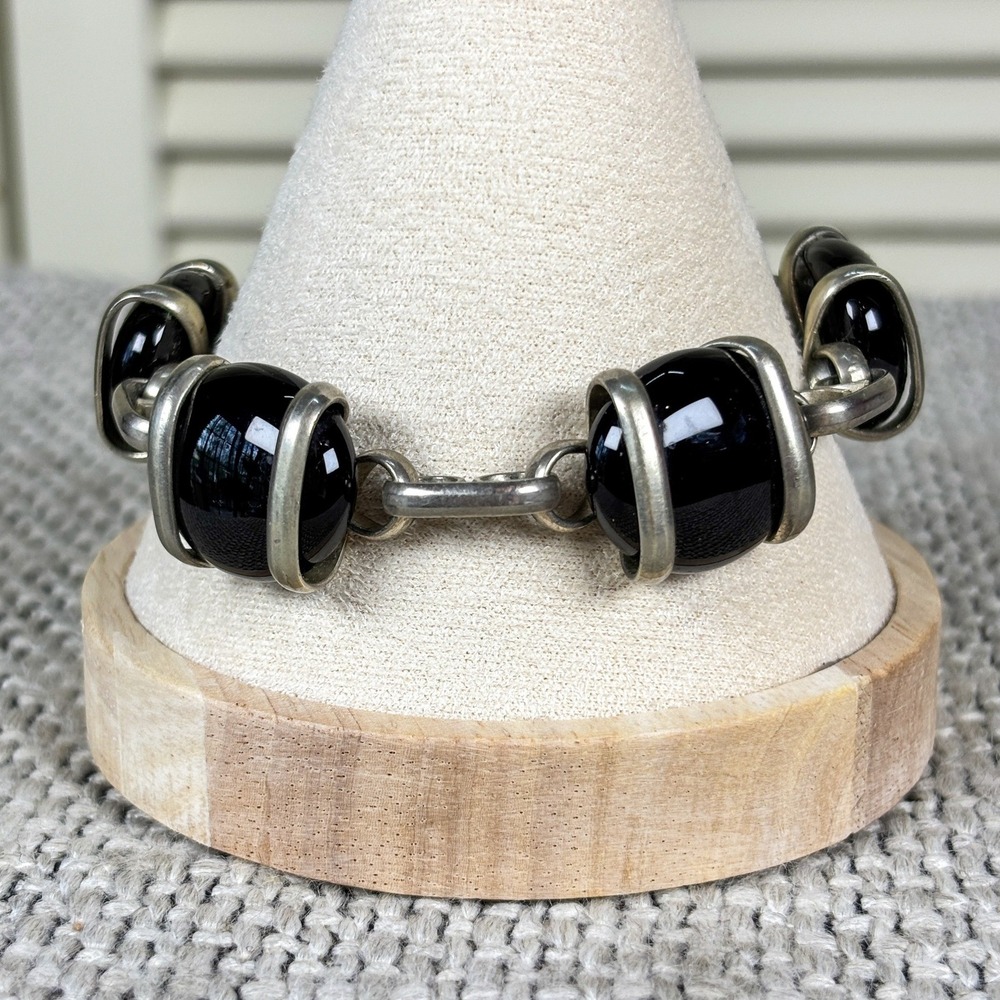 Vintage MCM Sculptural Onyx Black Glass Cabochon Silver Tone Link Bracelet Mod